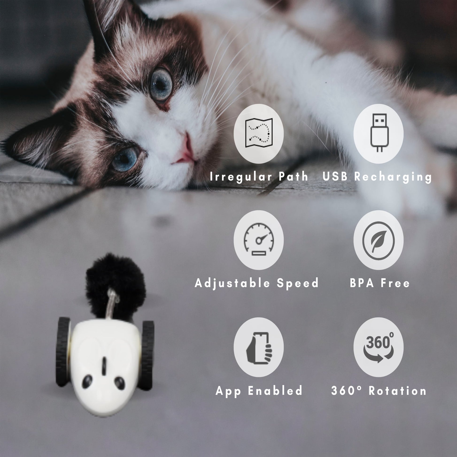 Purechase Smart Cat Toy, Interactive Automatic Mouse Shaped Toy for Pets, App Enabled with Adjustable Speed, Flip Modes, Replaceable Plush Tail and USB Charging for Kittens and Dogs