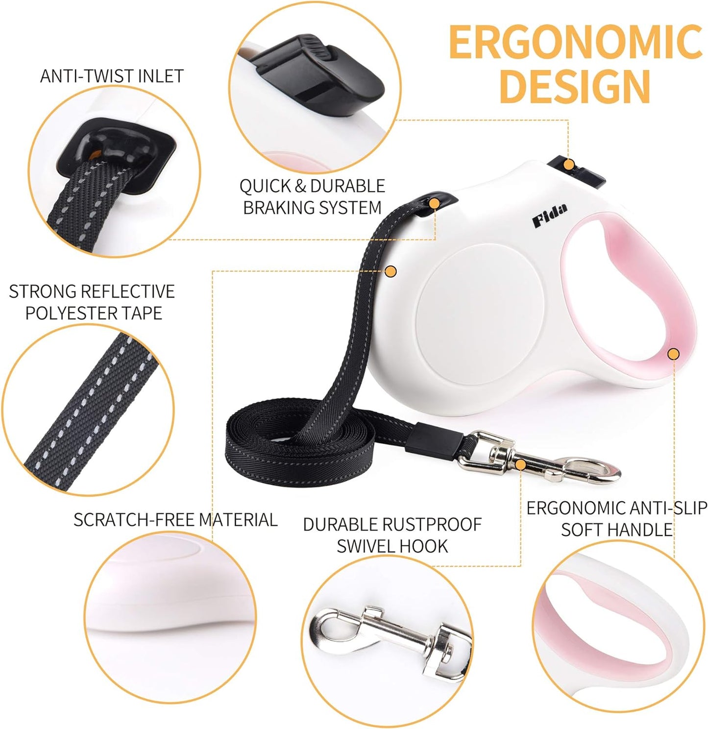 Retractable Dog Leash with Dispenser and Poop Bags, 10 Ft Pet Walking Leash for X-Small Dog or Cat up to 18 Lbs, Anti-Slip Handle, Tangle Free, Reflective Nylon Tape (XS, White)