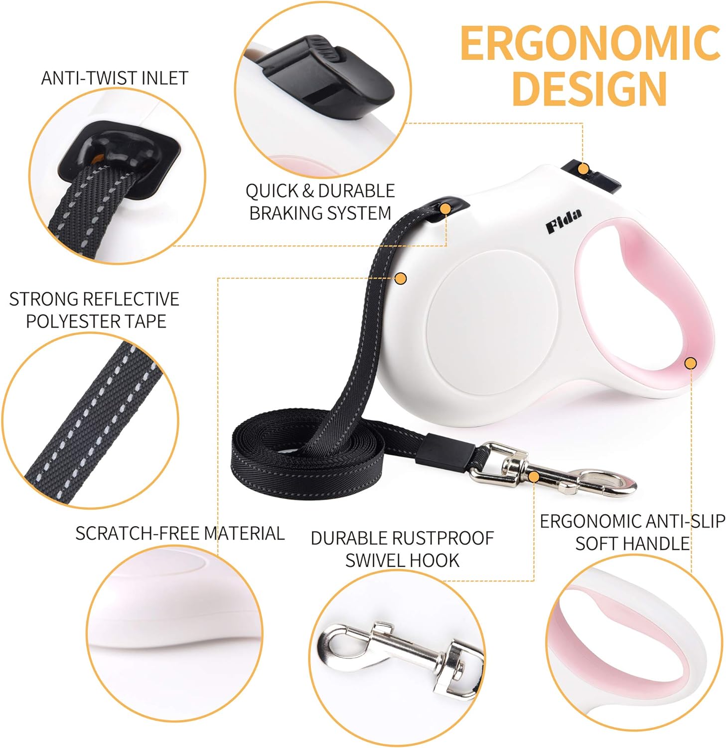 Retractable Dog Leash with Dispenser and Poop Bags, 10 Ft Pet Walking Leash for X-Small Dog or Cat up to 18 Lbs, Anti-Slip Handle, Tangle Free, Reflective Nylon Tape (XS, White)